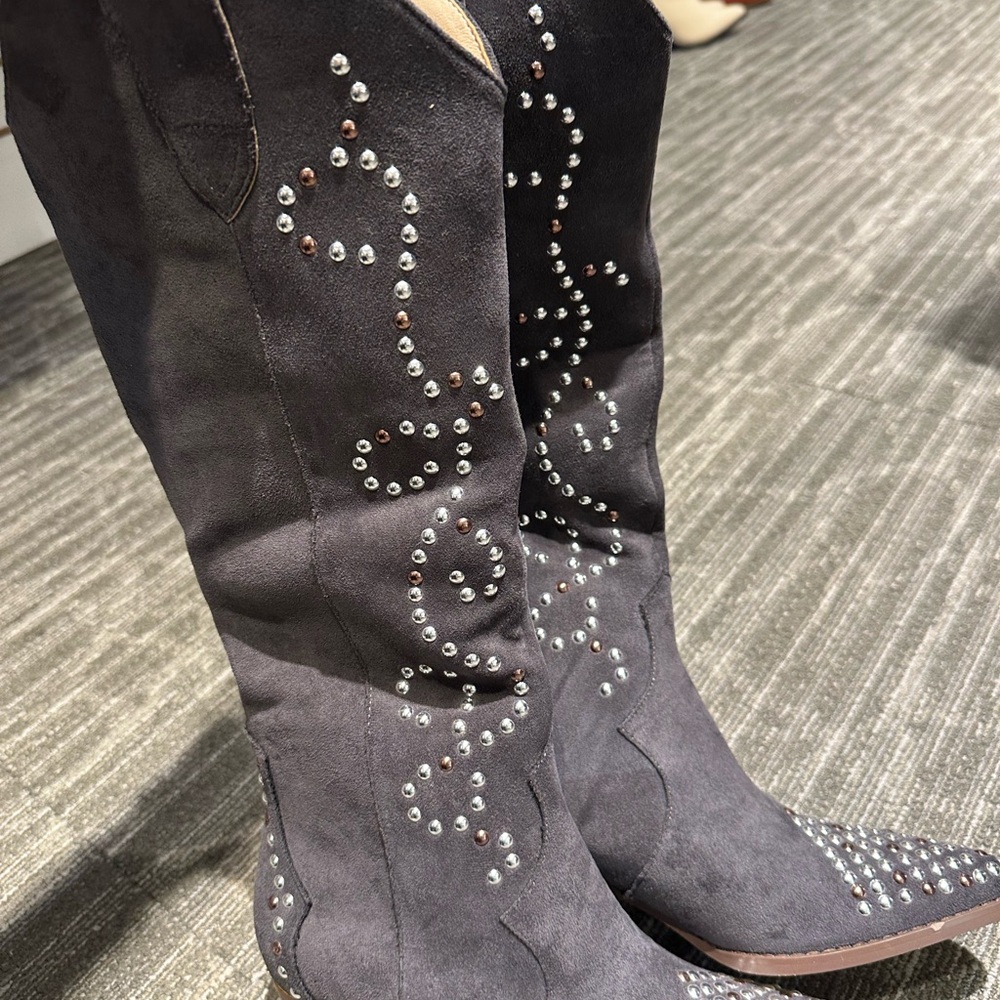 Studded Black Suede Knee-High Boots